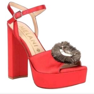 ANTONIO MELANI HELENA SATIN CELESTIAL FRINGE SLING BACK PLATFORM HEELS 6.5